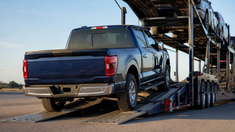 A new Ford F-150 pickup driving up the rear ramp onto the lower deck of an open car-hauler trailer