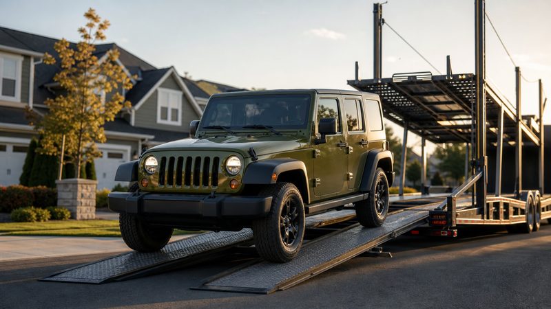 An olive-green Jeep Wrangler rolling off the top deck ramp of an open car hauler onto a residential street