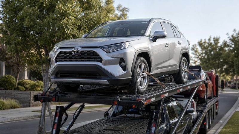 A silver Toyota RAV4 strapped on the top deck of an open two-level auto transport carrier at a suburban curb