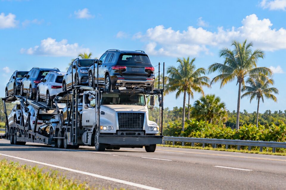 Seasonal car shipping: an open car carrier loaded with SUVs on a palm-lined southern highway