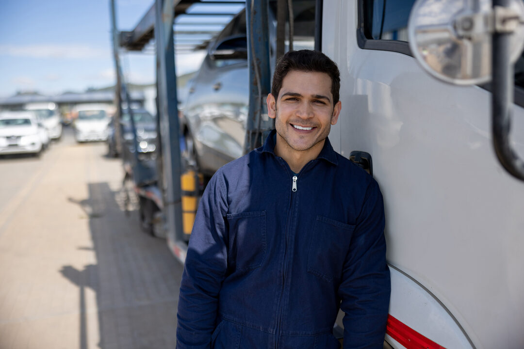 Snowbird car shipping: a carrier driver beside a loaded open car hauler